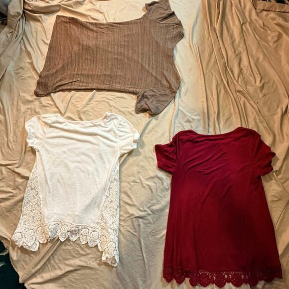 THREE Mixed Brands Short Sleeve Blouse Tops SM/MED/LG Tan, Ivory, Burgundy - Picture 2 of 14